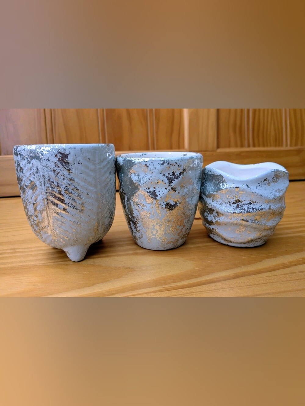 Handpainted Ceramic Round Decor Metallic Silver Foil Mini Planter Pot Set Of 3